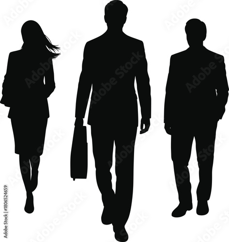 Silhouette of business people walking confidently, man and woman in formal attire, teamwork and leadership concept, isolated on white