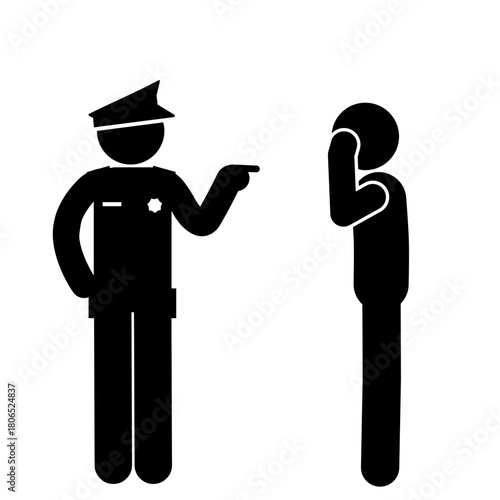 Stick figure policeman doing routine street patrol.