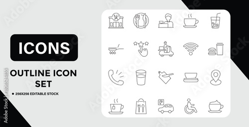 Outline Icon Set Featuring Restaurant Food and Service Related Symbols
