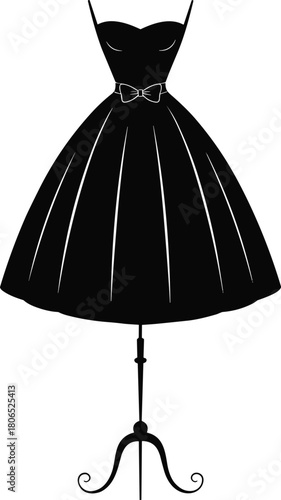 Vintage dress form silhouette with strapless sweetheart bodice, bow belt waist, flared A-line skirt, elegant mannequin stand, fashion boutique icon