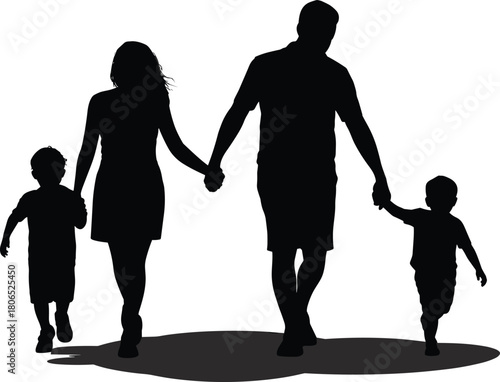Silhouette of family walking, parents with children, mom dad and kids, unity, love, togetherness, parenting, childhood, family bond, happiness