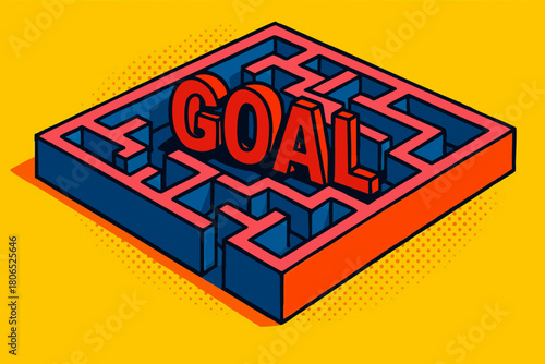 maze illustration in pop art style with the word GOAL exploding at the center, symbolizing achievement and direction. Generative ai vector colorful pop art illustration.