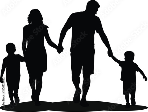Silhouette of family walking, parents with children, mom dad and kids, unity, love, togetherness, parenting, childhood, family bond, happiness