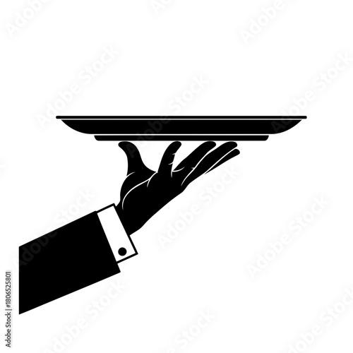 Elegant waiters hand holding a tray, isolated on, offering service with sophistication and grace in a minimalist design