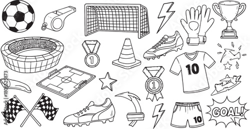 Soccer game elements illustration stadium equipment and accessories outline style design