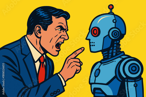 businessman shouting at a humanoid robot, symbolizing tech frustration, AI conflict, and rising digital tension. Generative ai vector colorful pop art illustration.