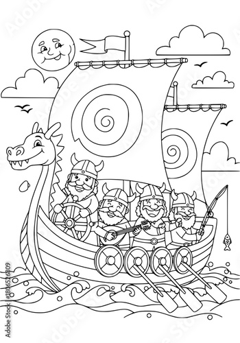 having fun Vikings sail on a dragon boat. coloring book