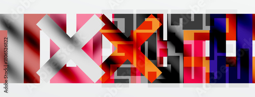 Abstract composition. Bold lettering overlaps, creating vibrant color blocks. Modern design, geometric shapes dominate visual space.