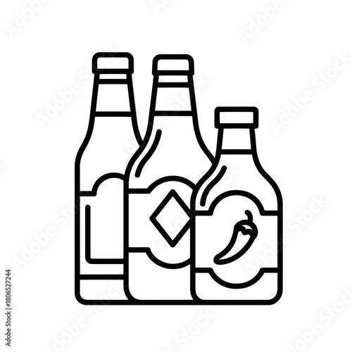 Illustration of three bottles of hot sauce isolated on condiment and spice concept