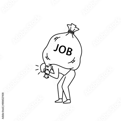 A person carrying a heavy bag labeled job, symbolizing the burden and stress of work isolated on