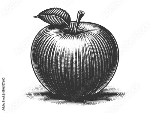 apple surrounded by detailed leaves, drawn in a traditional engraving technique sketch engraving generative ai fictional character vector illustration. Scratch board imitation. Black and white image.