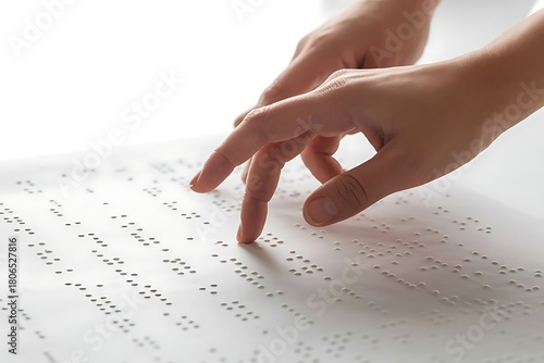 Close up of hands reading braille on white paper isolated on white background