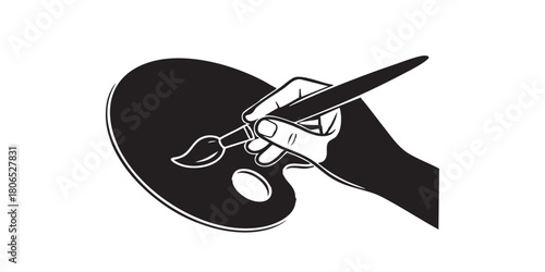 Palette with paintbrush in hand thin line icon, art therapy concept. Vector graphics. Painter hand with brush and palette sign on white background, style icon mobile or web desig