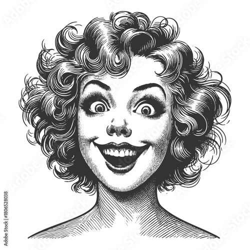 ecstatic woman with wide eyes and curly hair, capturing expressive joy and energetic retro character style sketch engraving generative ai vector illustration. Scratch board. Black and white image.