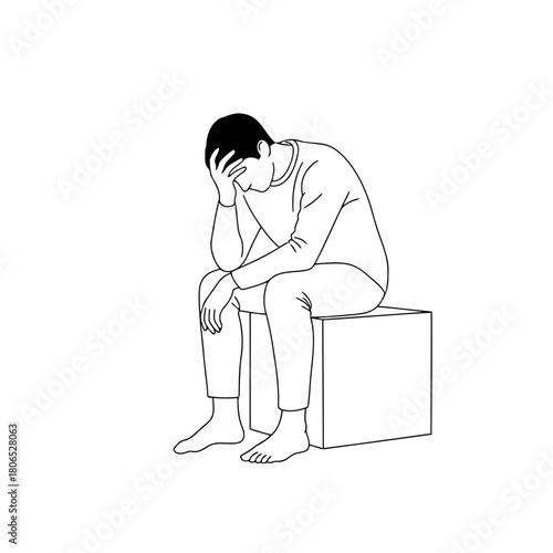 Line art illustration of a sad man sitting on a box, depicting depression, anxiety, and mental health isolated on