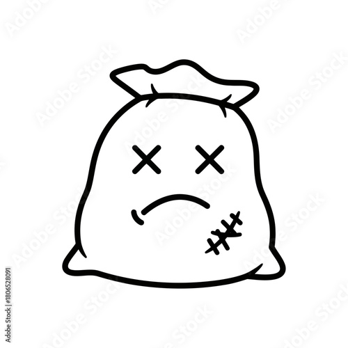 Sad money bag with cross eyes and a patch isolated on, representing financial loss or economic hardship