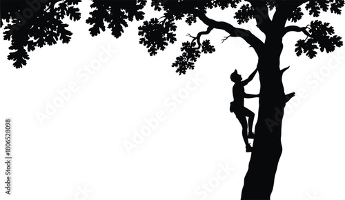 Silhouette of man climbing tall tree, adventure activity, outdoor exploration, black and white nature scene, extreme sport illustration design