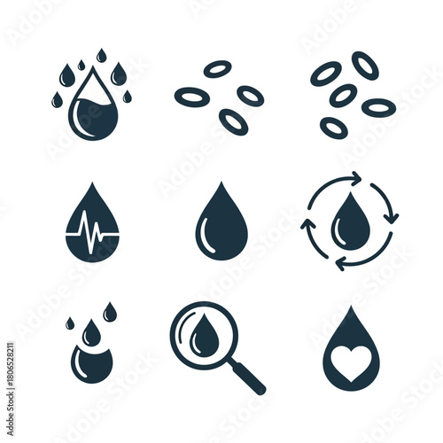 Collection of blood drop icons representing various aspects of blood and health isolated on