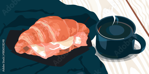 Delicious breakfast croissant sandwich with coffee on wooden table. Breakfast Croissant Sandwich with Coffee.