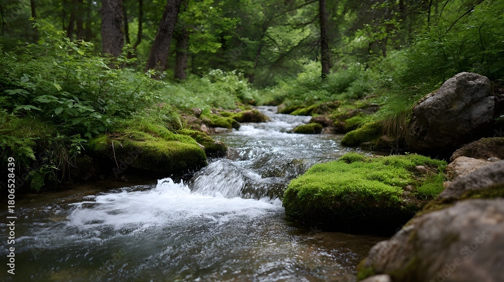 Fototapeta premium A clear forest stream flows over moss covered rocks surrounded by lush green vegetation
