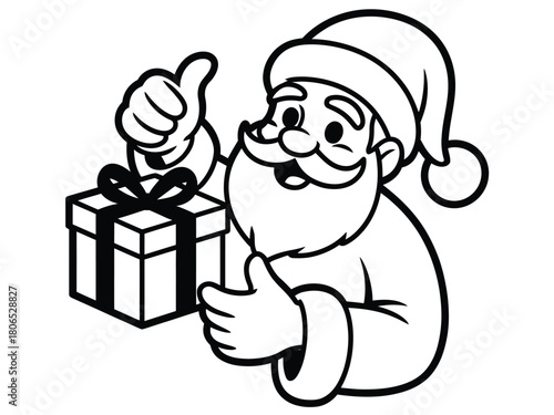 Jolly Santa Claus giving thumbs up with a gift box, spreading holiday cheer and good wishes.