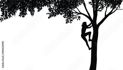 Silhouette of man climbing tall tree, adventure activity, outdoor exploration, black and white nature scene, extreme sport illustration design