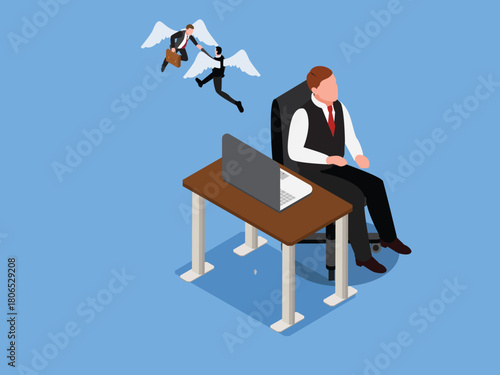 Isometric Businessman Sitting at Desk as Colleagues Fly Away 3d isometric vector illustration