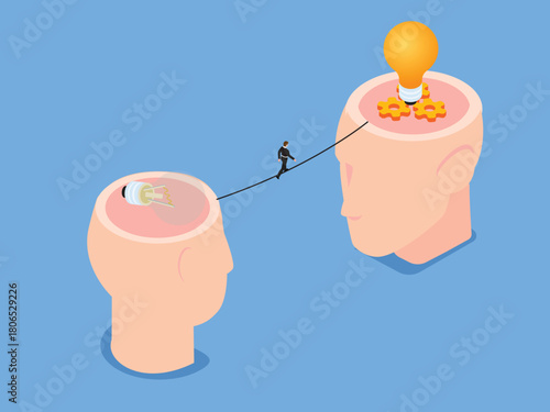 Isometric Businessman Tightrope Walk Between Two Heads/Ideas 3d isometric vector illustration