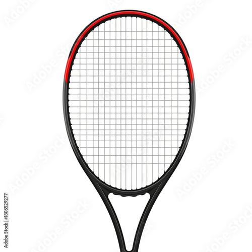 Closeup of a black and red tennis racket isolated on, showcasing its strings and frame in a detailed studio shot
