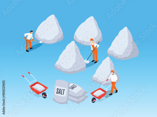 Isometric Salt Production or Harvesting Workers with Large Piles and Wheelbarrows 3d isometric vector illustration