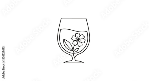Elegant line art of a flower blossoming inside a delicate wine glass illustration