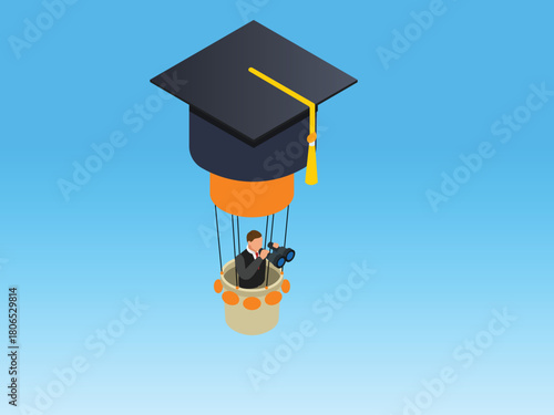 Isometric Education and Career Vision Concept with Graduation Cap Hot Air Balloon 3d isometric vector illustration