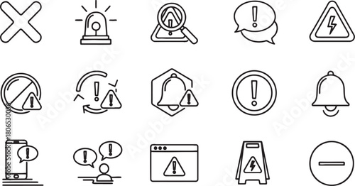 Set of Black Line Warning Icons Vector Illustration Design Template
