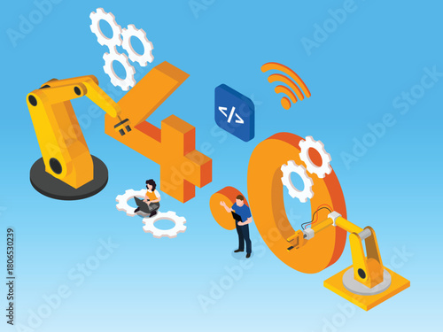 Isometric Industry 4.0 Smart Factory Automation and Robotic Manufacturing Concept 3d isometric vector illustration