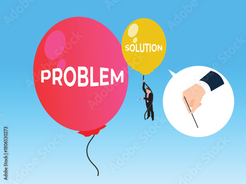 Isometric Problem-Solving and Business Solution Concept: Poking the 'Problem' Balloon 3d isometric vector illustration