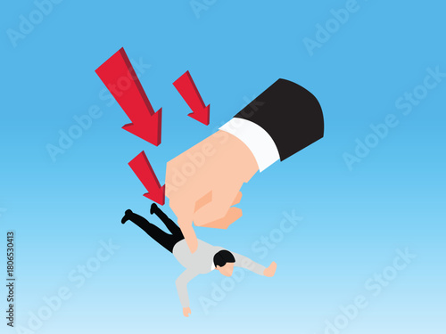 Isometric Financial Pressure and Business Suppression Concept: Hand Pushing Down a Falling Businessman 3d isometric vector illustration