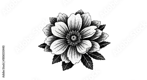 Intricate monochrome floral rendering displaying a textured blossom amidst foliage