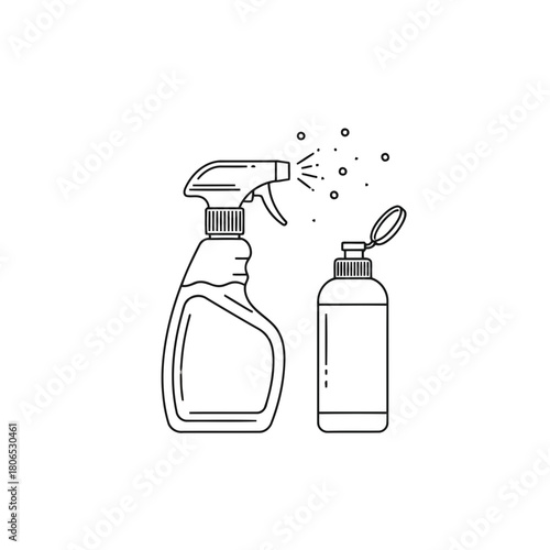 Illustration of cleaning supplies, featuring a spray bottle and a bottle of liquid, isolated on