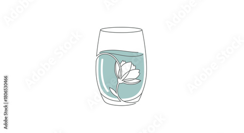 Minimalist drawing of a drinking glass containing water with a single floral element inside of it