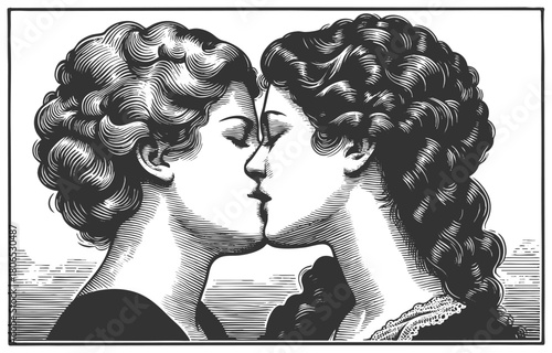two women sharing a tender kiss, with elegant hairstyles, chokers, and expressive line work sketch engraving generative ai fictional character vector illustration. Scratch board. Black and white image