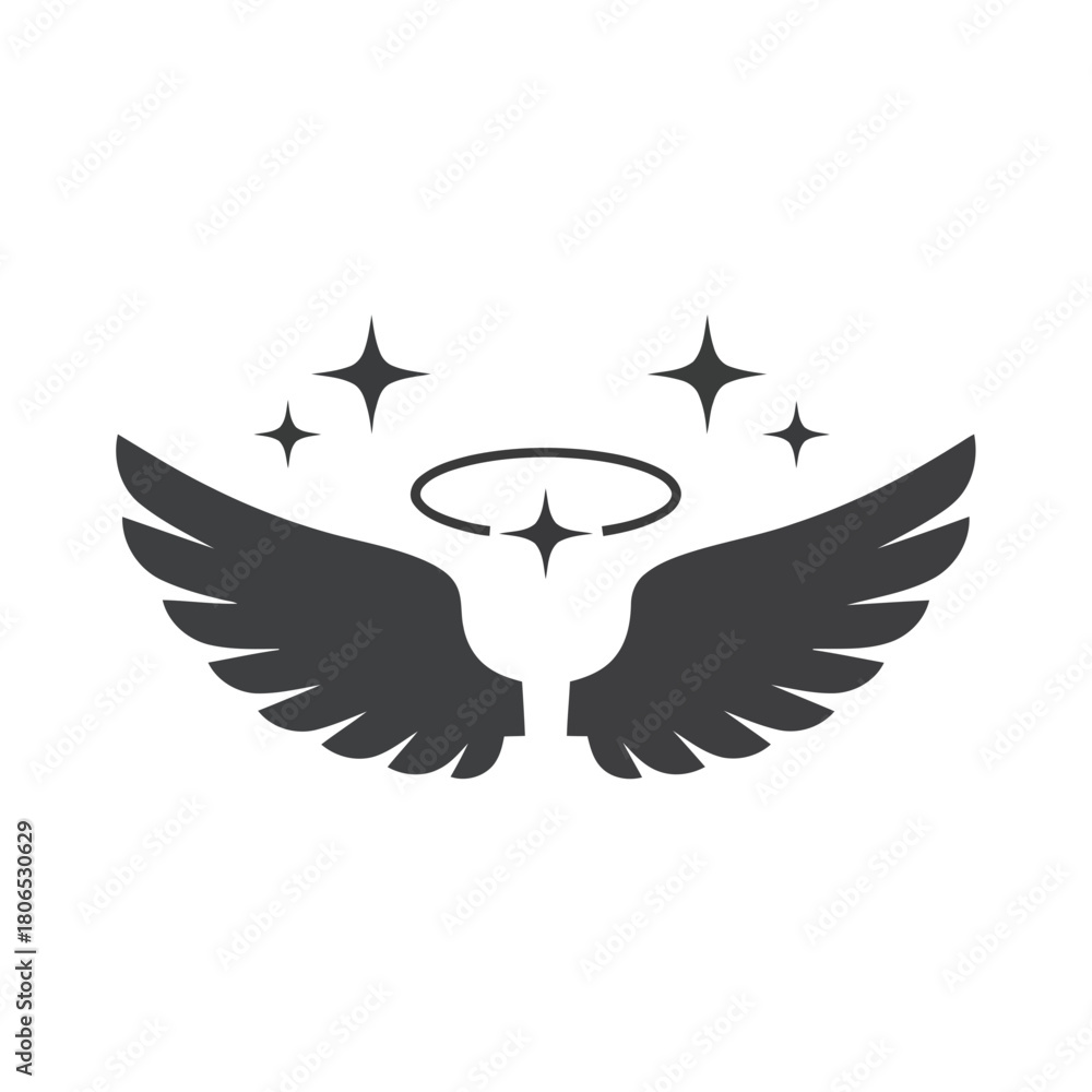Obraz premium Angel wings with halo and stars isolated on are a symbol of purity and innocence and are often used in religious art