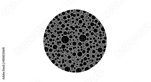 Monochromatic sphere teeming with a multitude of variably sized circular forms forming dense