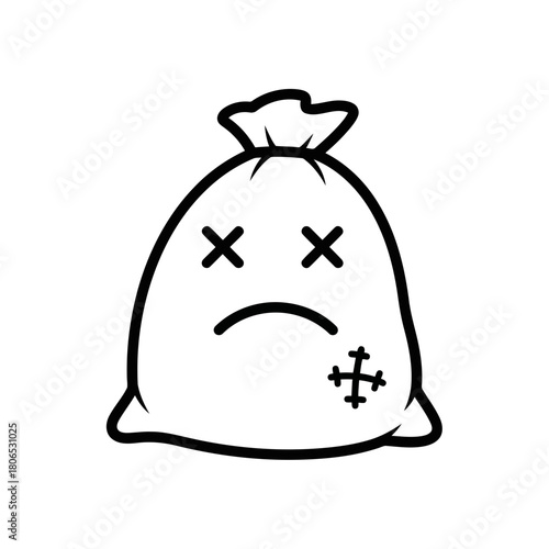 Illustration of a sad money bag with crossed eyes, isolated on, representing financial loss, debt, and economic hardship