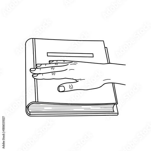 Hand on a book isolated on, symbolizing oath, testimony, or legal affirmation in a minimalist line art style