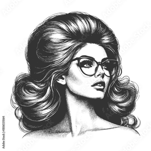 fashionable woman with retro hairstyle, bold glasses, confident expression on white background sketch engraving generative ai fictional character vector illustration. Scratch board. Black and white.