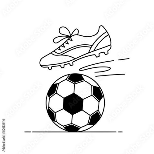 Line drawing of a soccer ball and shoe isolated on football equipment for sport and recreation