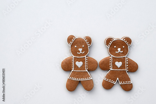 Gingerbread bears decorated with white icing, copy space for text