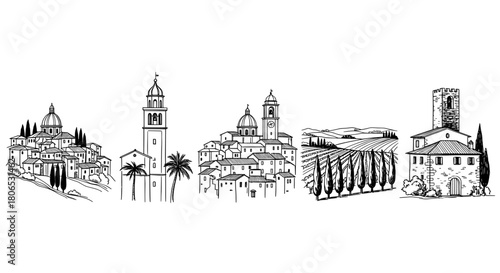 Italy landscape and architecture illustrations