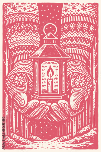 Hands in knitted mittens hold a glowing lantern in a snowy winter forest. Vector illustration in a cozy, vintage woodcut or linocut print style.