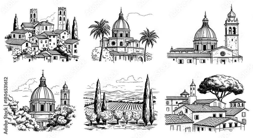 Naklejka premium Italian village and landscape sketch collection